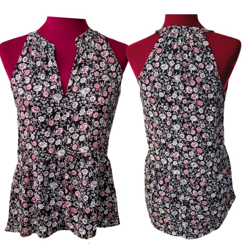 Women's Split-Neckline Halter-Style Black Floral Peplum Top/Tunic, SZ XS NWT